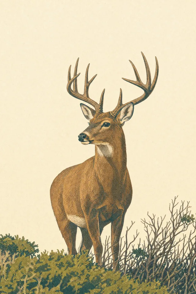Vintage offset-printed illustration of a stag standing amid brush