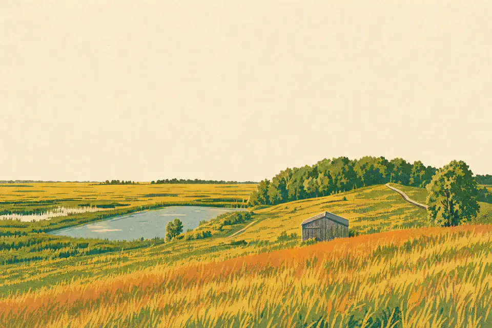 Offset-printed rolling fields, a lake, and a small barn