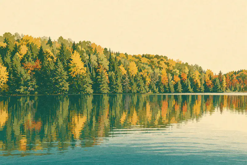 Offset-printed autumn forest reflected in a calm lake
