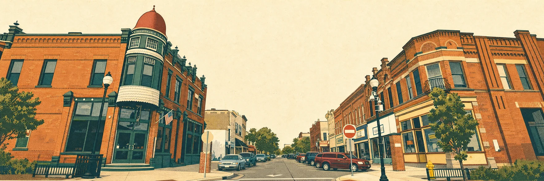Vintage offset-printed streetscape with brick storefronts lining both sides of a downtown street